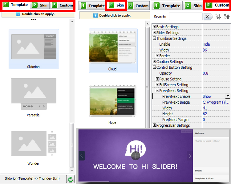 Choose template and skin and make custom settings for jQuery Image gallert Slider